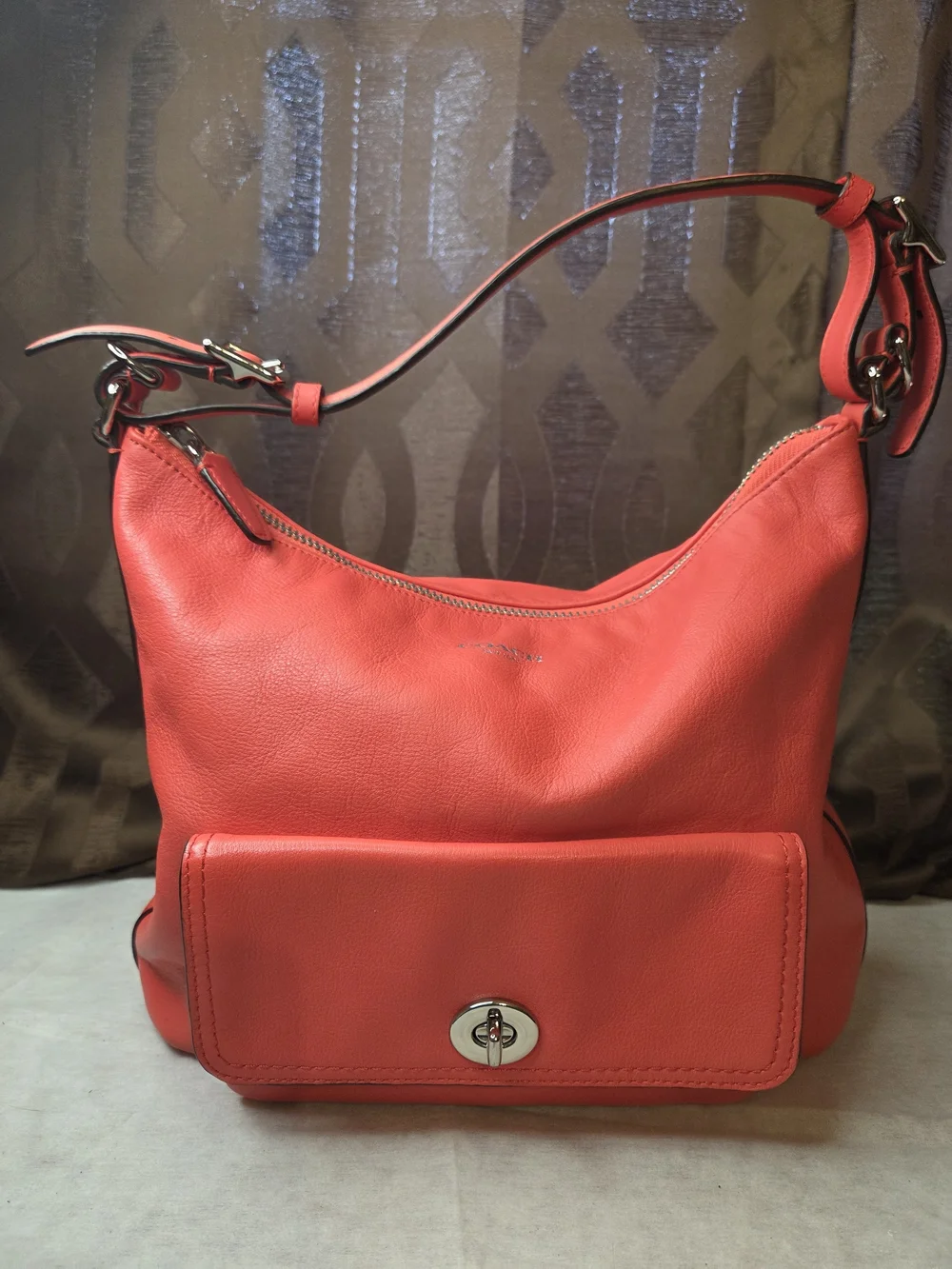 Coach Leather Shoulder Bag with Front Turnlock Pocket-Coral Color 2012